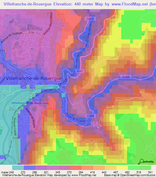 Villefranche-de-Rouergue,France Elevation Map