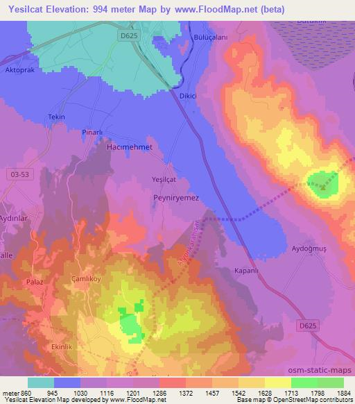 Yesilcat,Turkey Elevation Map