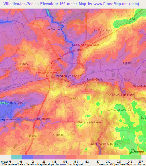 Villedieu-les-Poeles,France Elevation Map