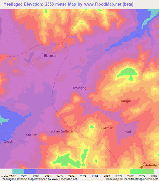 Yesilagac,Turkey Elevation Map