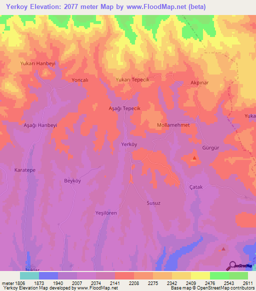 Yerkoy,Turkey Elevation Map