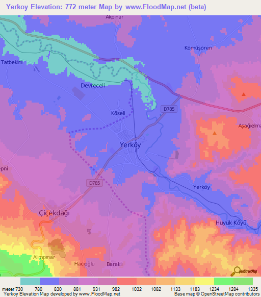 Yerkoy,Turkey Elevation Map