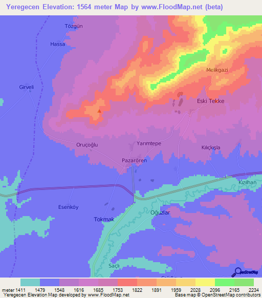 Yeregecen,Turkey Elevation Map