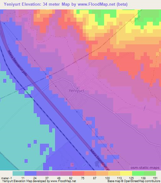 Yeniyurt,Turkey Elevation Map