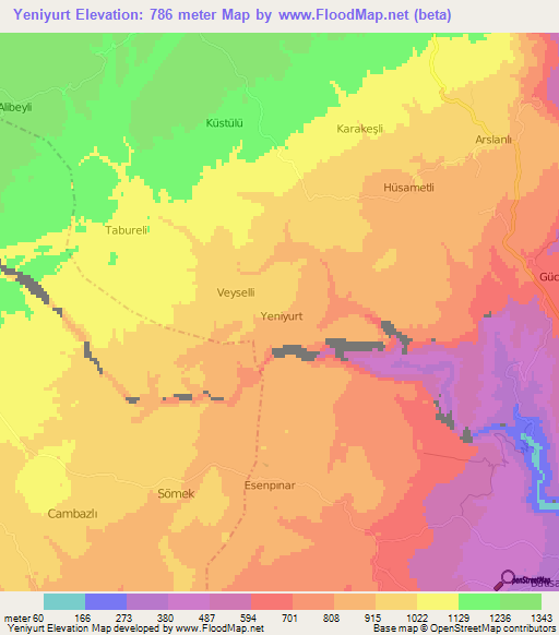 Yeniyurt,Turkey Elevation Map