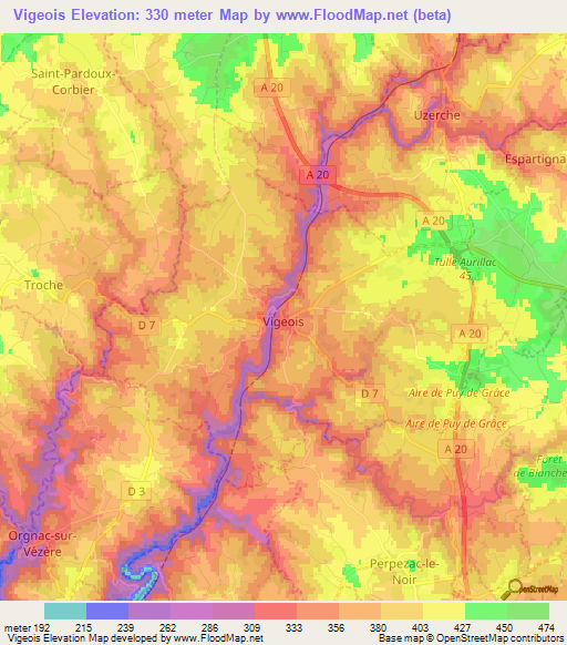 Vigeois,France Elevation Map