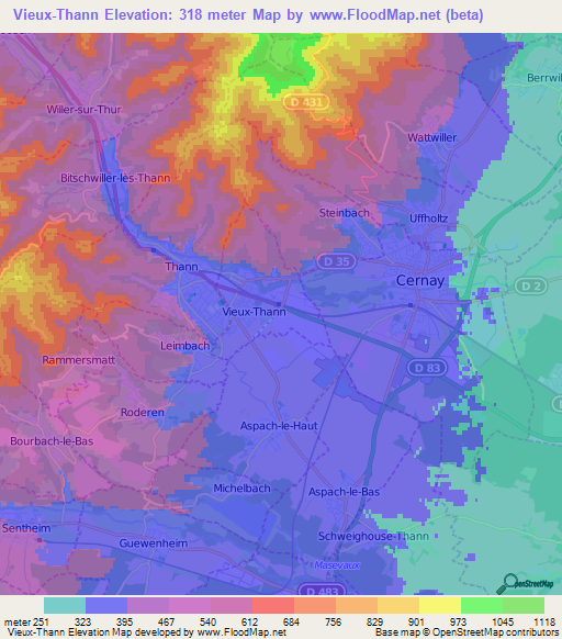 Vieux-Thann,France Elevation Map