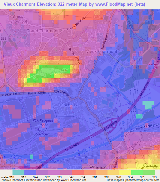 Vieux-Charmont,France Elevation Map