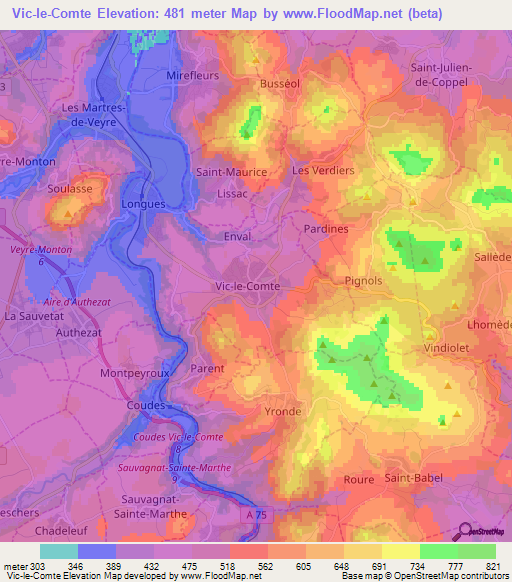 Vic-le-Comte,France Elevation Map