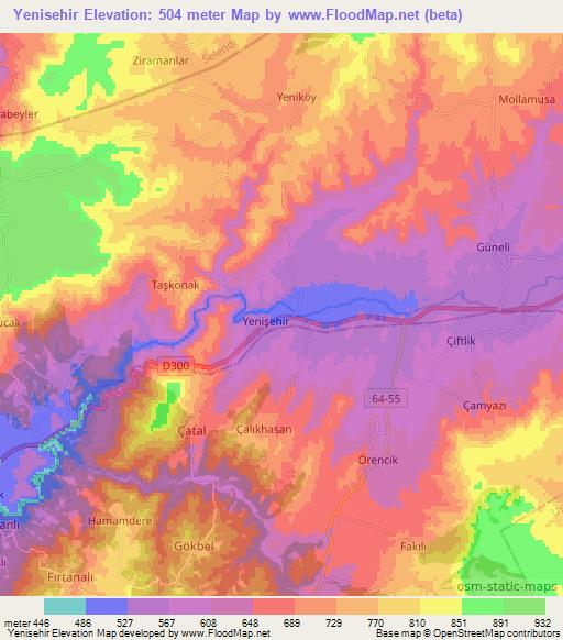Yenisehir,Turkey Elevation Map