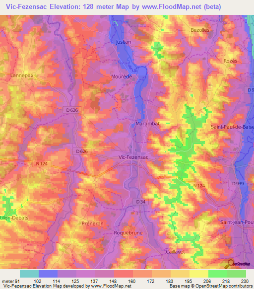 Vic-Fezensac,France Elevation Map