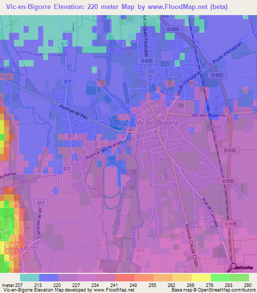 Vic-en-Bigorre,France Elevation Map