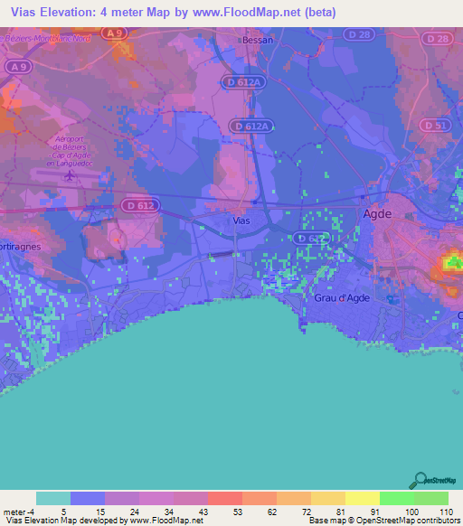 Vias,France Elevation Map