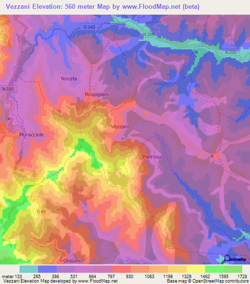 Vezzani,France Elevation Map