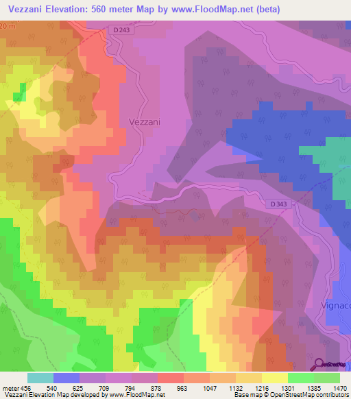 Vezzani,France Elevation Map