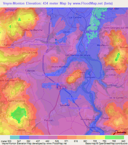 Veyre-Monton,France Elevation Map