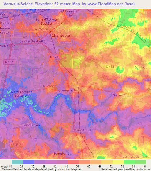 Vern-sur-Seiche,France Elevation Map