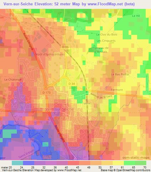 Vern-sur-Seiche,France Elevation Map