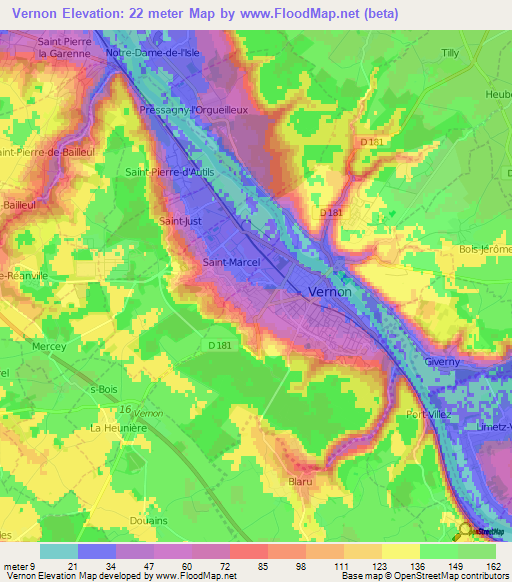 Vernon,France Elevation Map