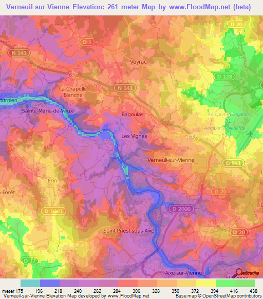 Verneuil-sur-Vienne,France Elevation Map