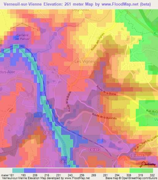 Verneuil-sur-Vienne,France Elevation Map