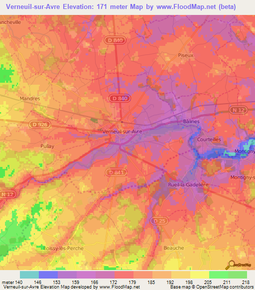 Verneuil-sur-Avre,France Elevation Map