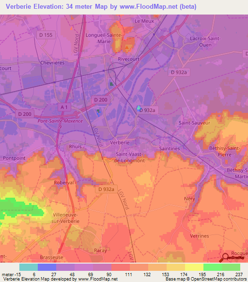 Verberie,France Elevation Map
