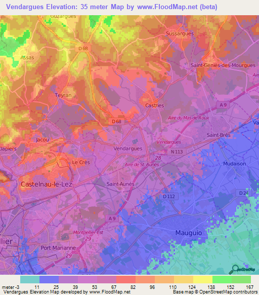 Vendargues,France Elevation Map