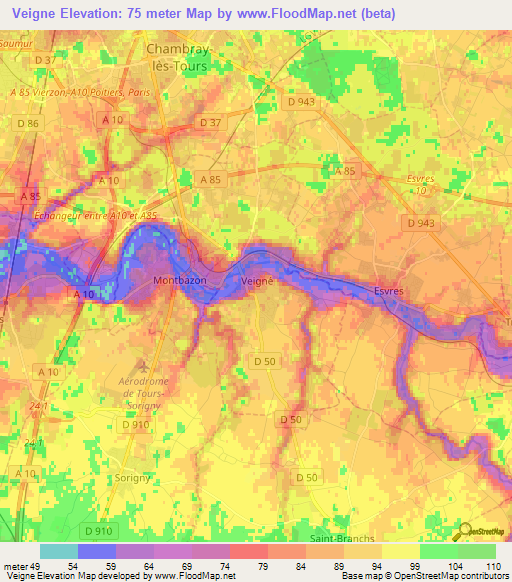 Veigne,France Elevation Map