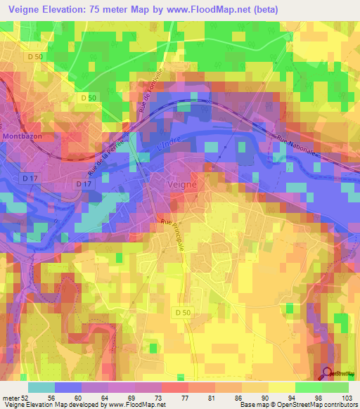 Veigne,France Elevation Map