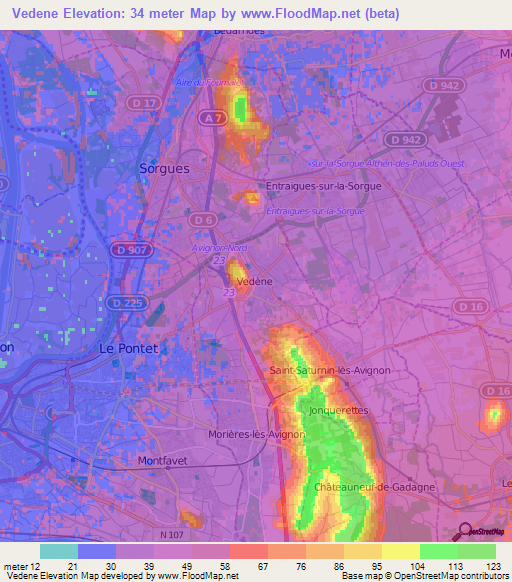 Vedene,France Elevation Map