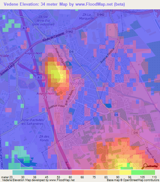 Vedene,France Elevation Map