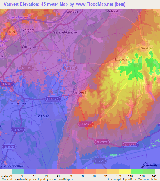 Vauvert,France Elevation Map