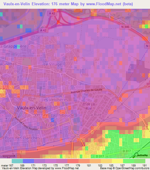 Vaulx-en-Velin,France Elevation Map