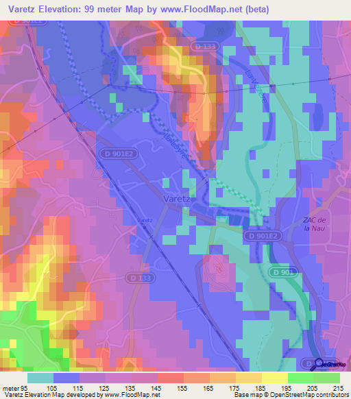 Varetz,France Elevation Map