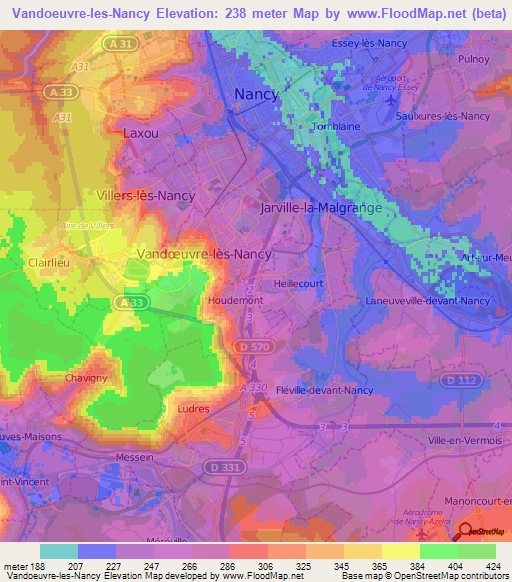Vandoeuvre-les-Nancy,France Elevation Map