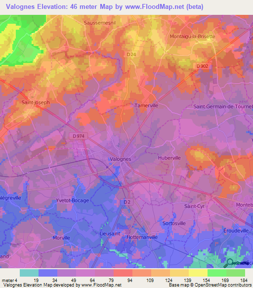 Valognes,France Elevation Map