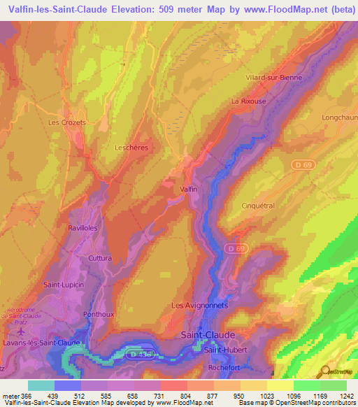Valfin-les-Saint-Claude,France Elevation Map
