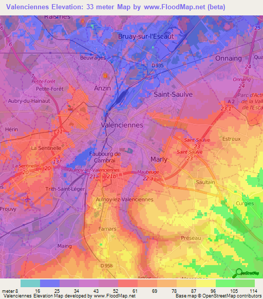 Valenciennes,France Elevation Map