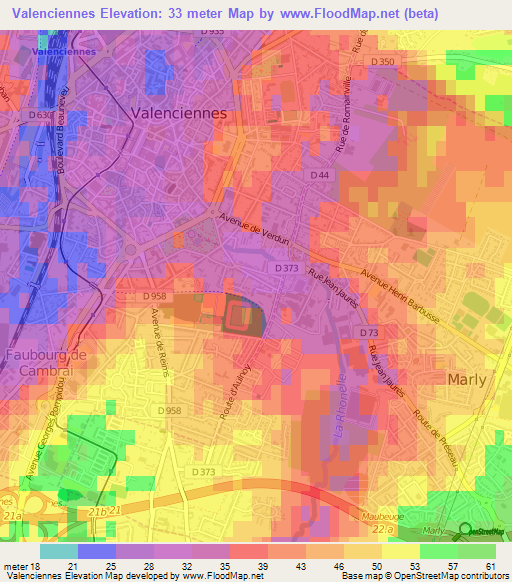 Valenciennes,France Elevation Map