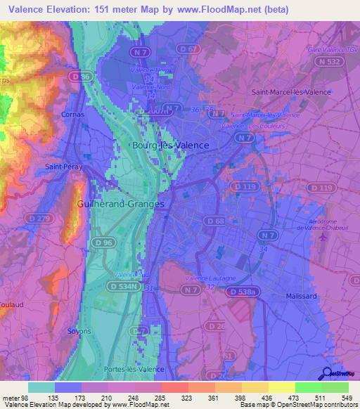 Valence,France Elevation Map