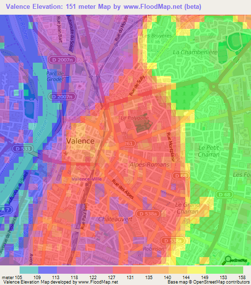 Valence,France Elevation Map