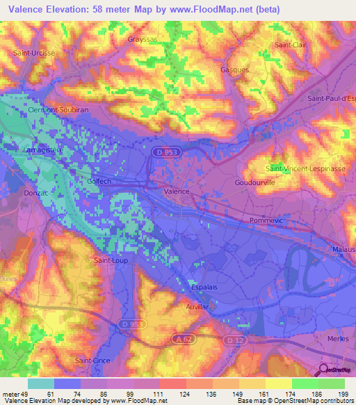 Valence,France Elevation Map