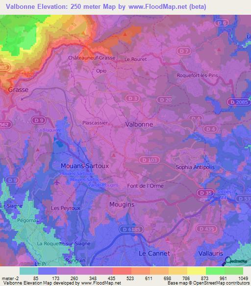 Valbonne,France Elevation Map