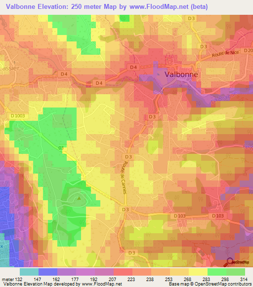 Valbonne,France Elevation Map