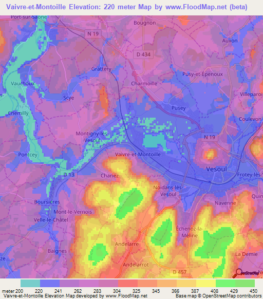 Vaivre-et-Montoille,France Elevation Map