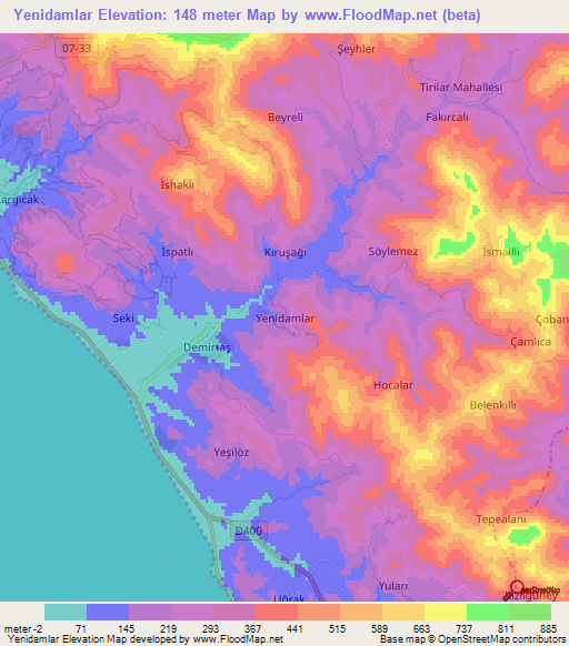 Yenidamlar,Turkey Elevation Map