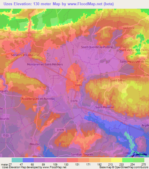 Uzes,France Elevation Map