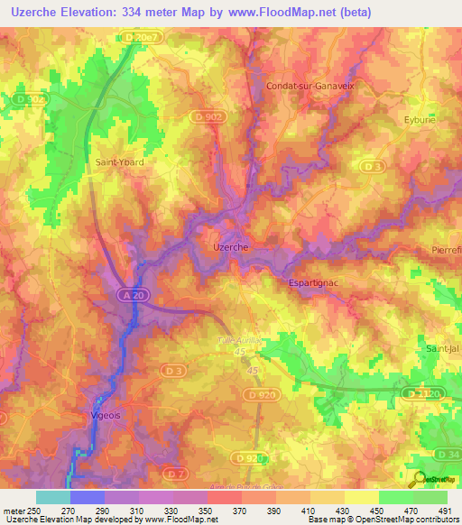 Uzerche,France Elevation Map