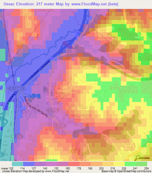 Ussac,France Elevation Map